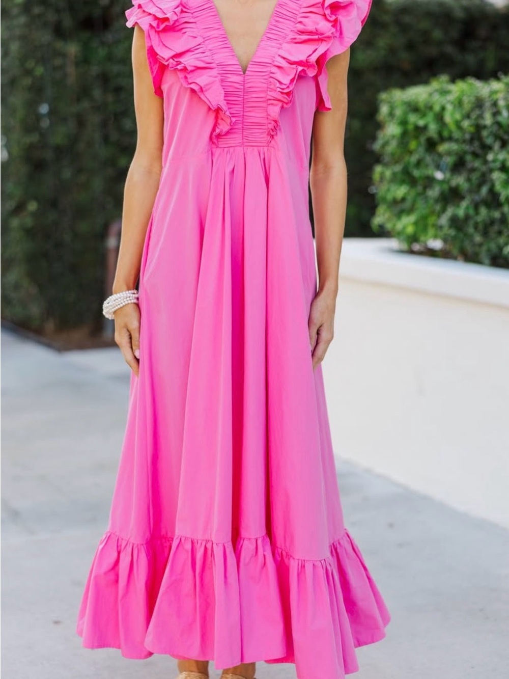 Bright Pink Ruffle V-Neck Maxi Dress
